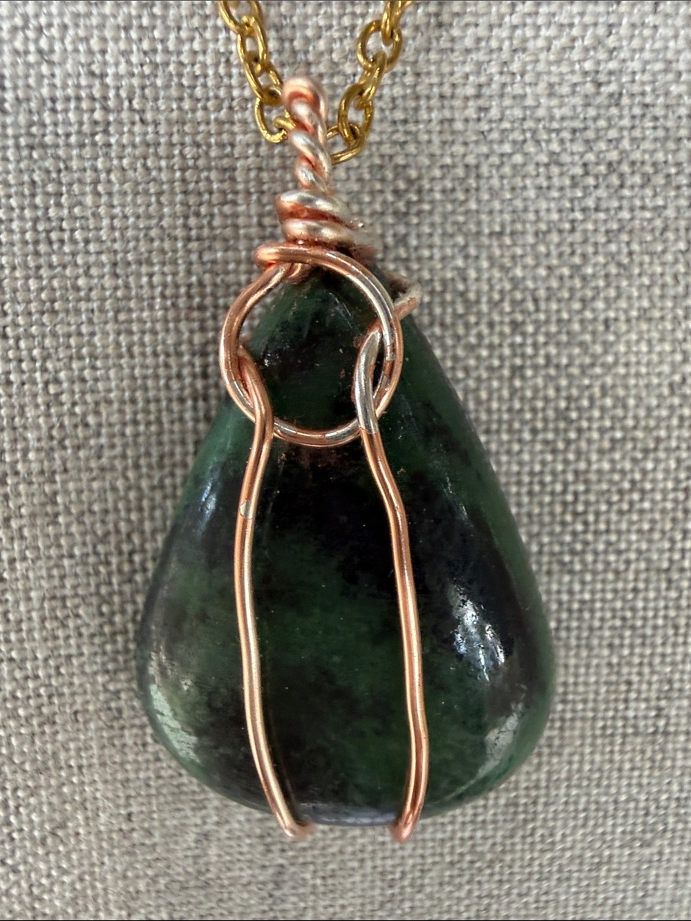 Artisan Green Zoisite Tanzania Stone Pendant Necklace - Rose Gold Wire Wrap